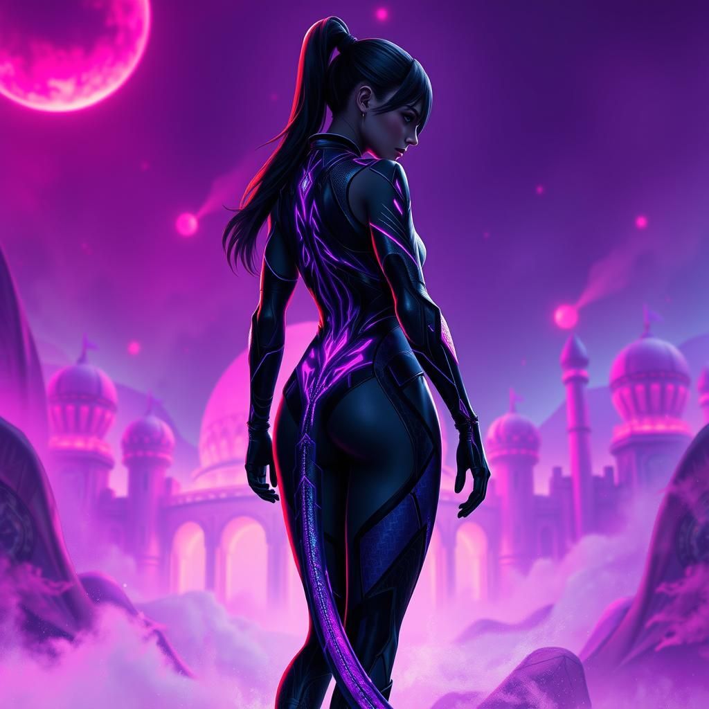 Futuristic Warrior with Neon Bodysuit and Tail