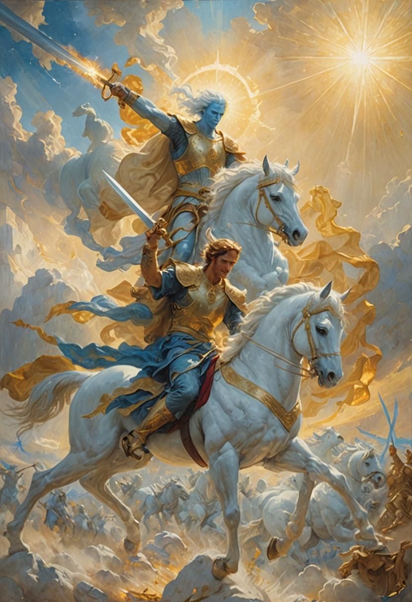 Blue Warrior Fighting Demons in Heavenly Light