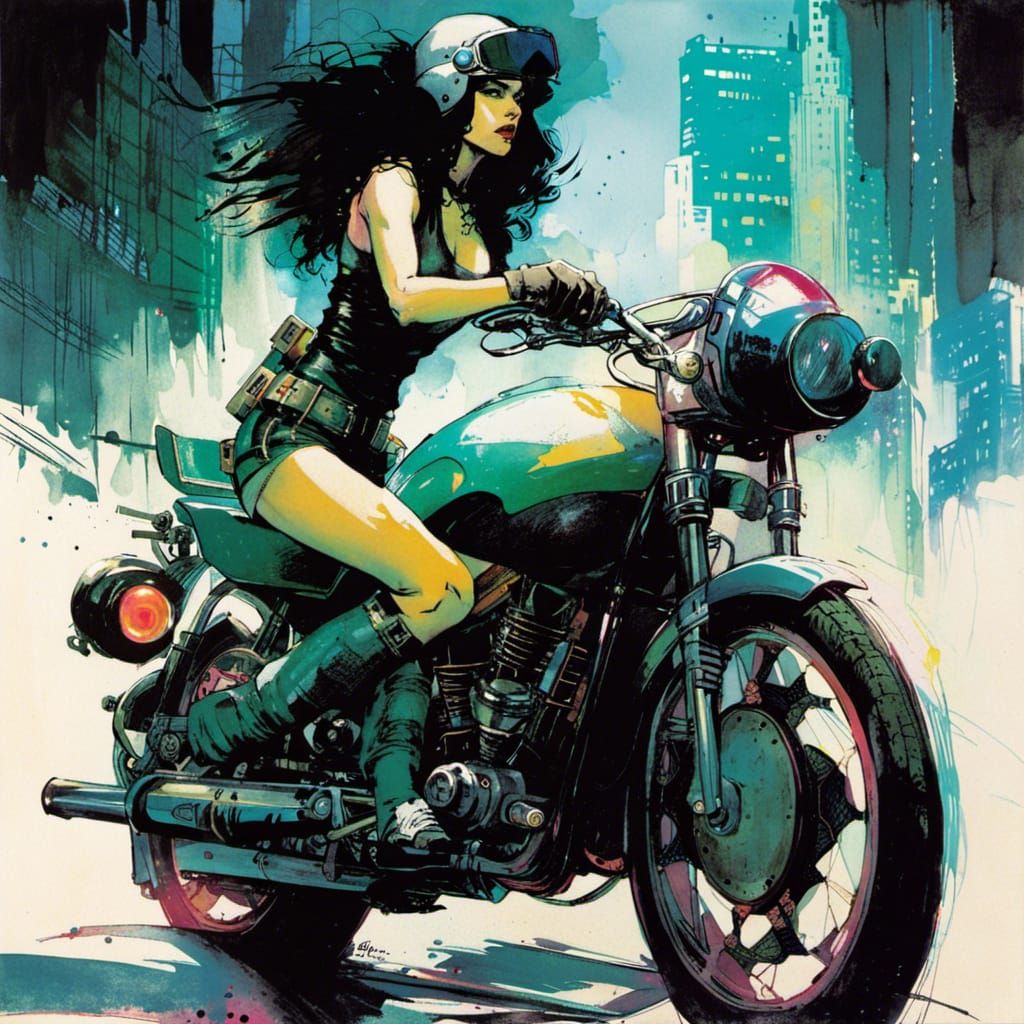 Cyberpunk Girl on Motorbike in Sienkiewicz Style