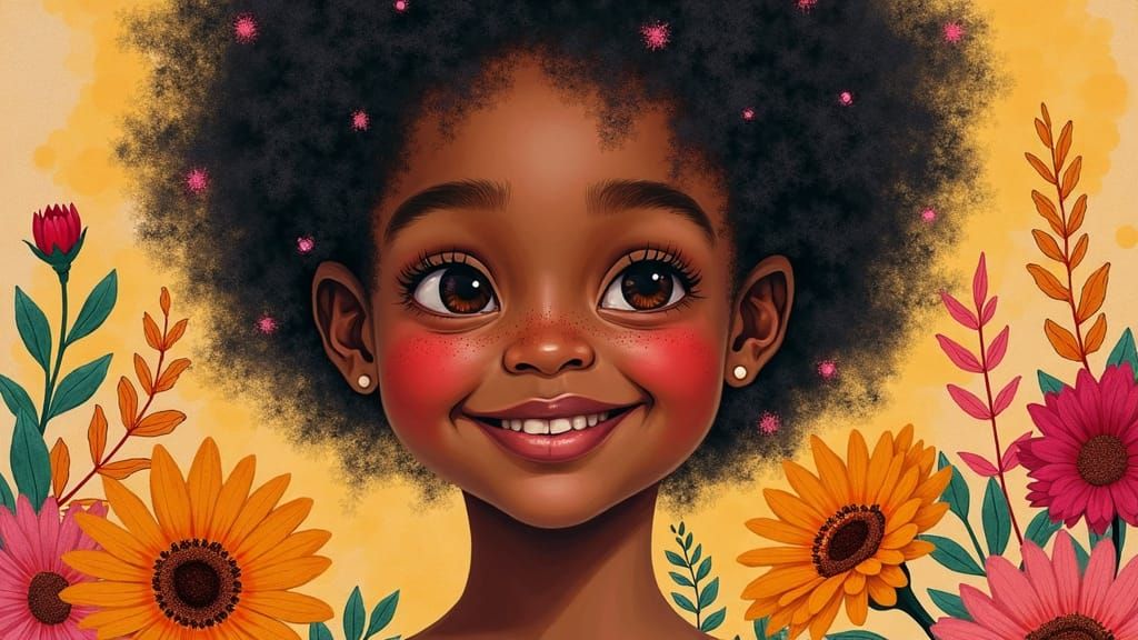 Smiling Girl Collage with Flowers in Mixed Media