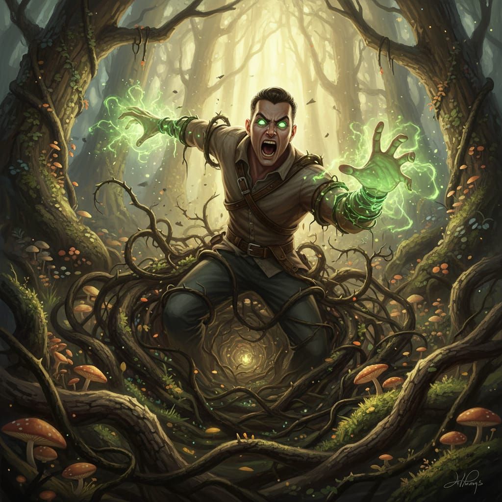 Adventurer Fights Nature's Grasp in Enchanted Forest