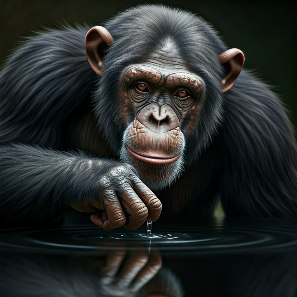 Contemplative Chimpanzee Touching Water: Hyper-Realistic Clo...
