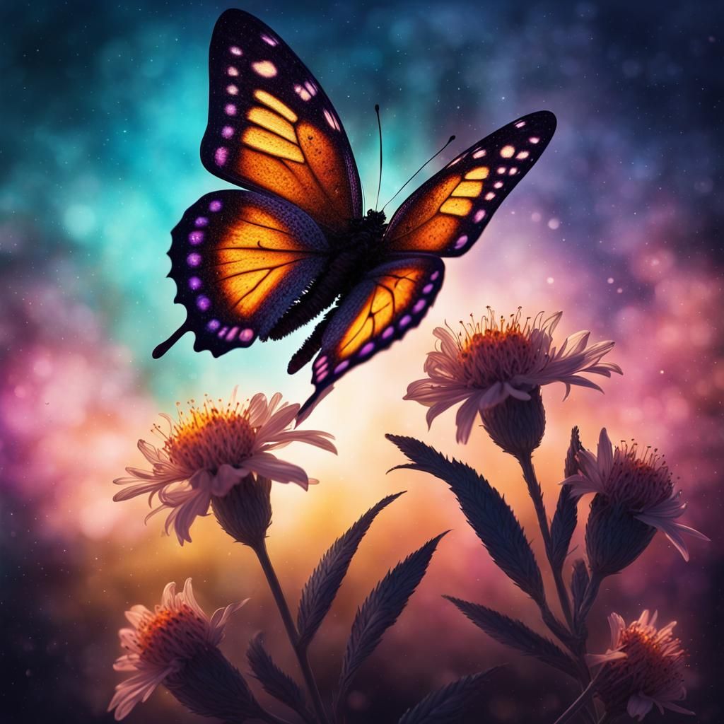 Cosmic Butterfly Silhouette Over Flower, Hyperrealistic Desi...