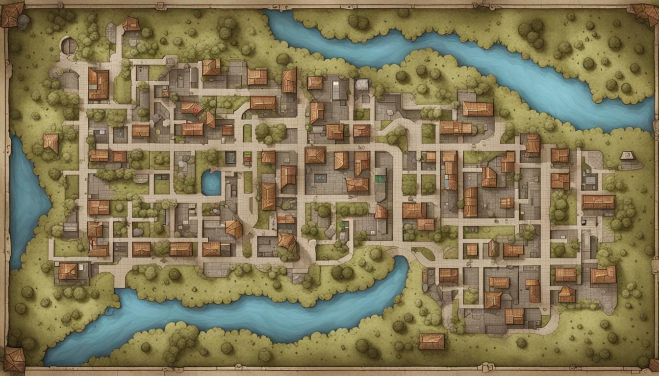 D&D Town Battlemap with Grid Overlay