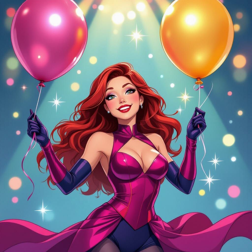 Scarlet Witch with Shimmering Party Balloon, Whimsical Style