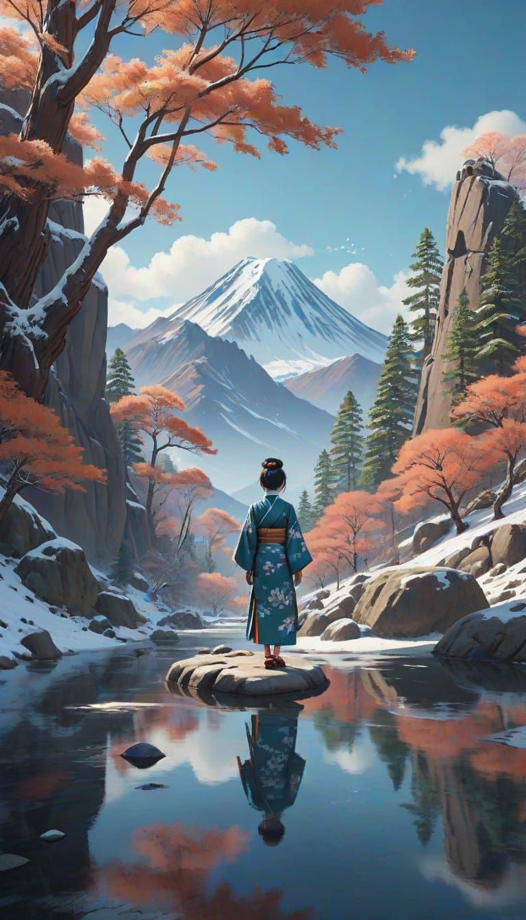 Serenely Dressed Woman Contemplates Snowy Mountains in Tradi...