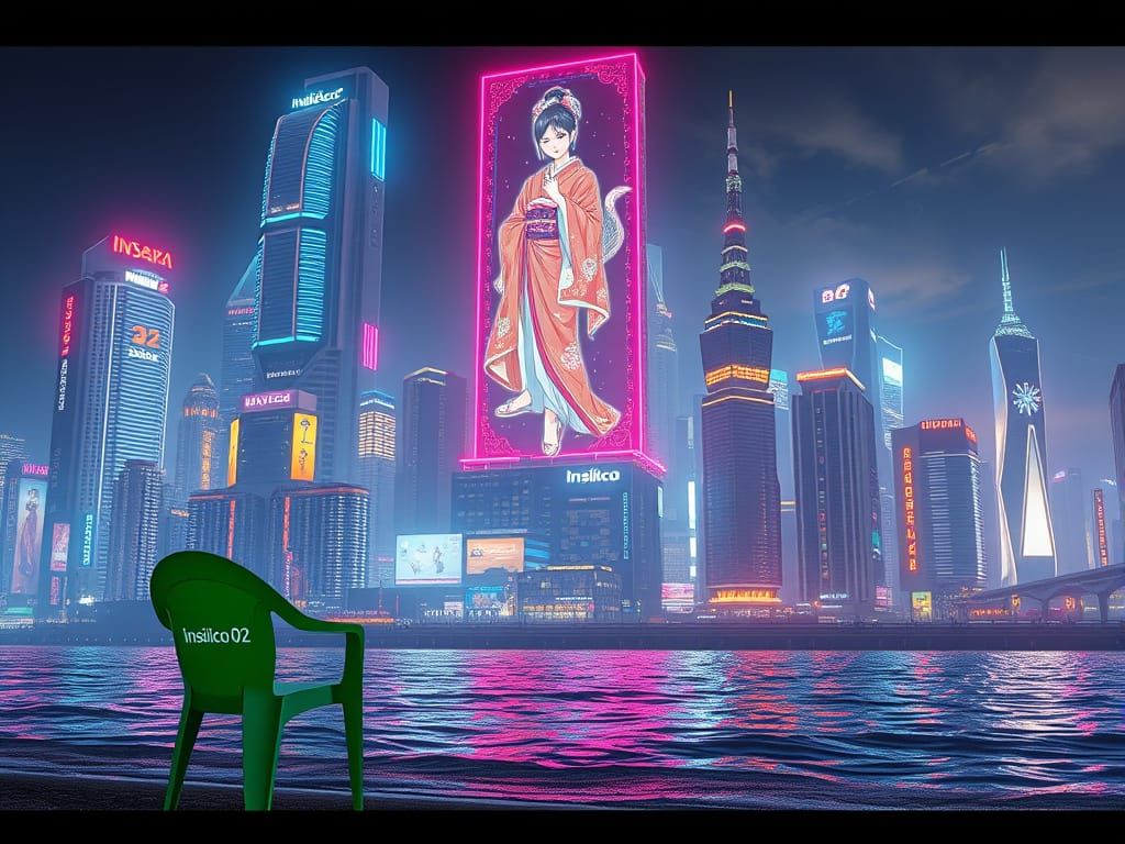 Neon Metropolis Scene with Green Chair and Holographic Displ...