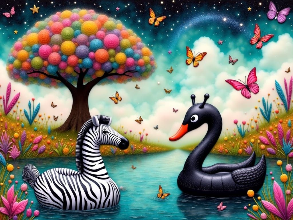 Whimsical Floaties in Dreamlike Landscape