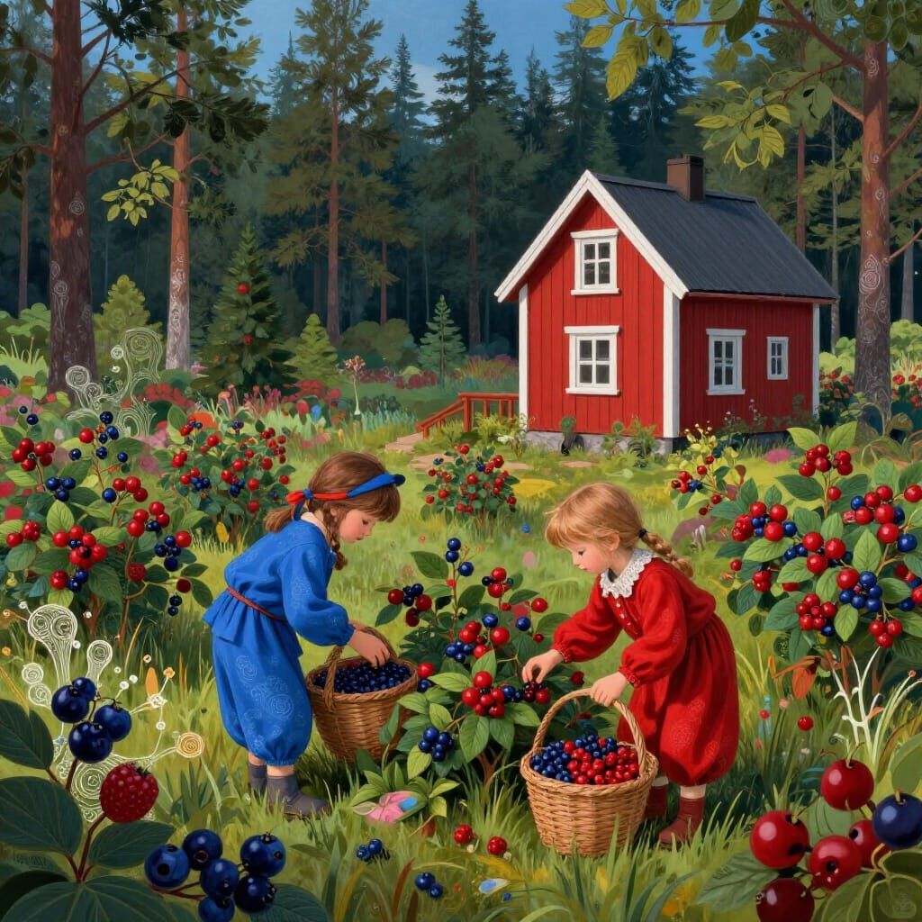 Children Picking Berries in Northern Sweden Forest