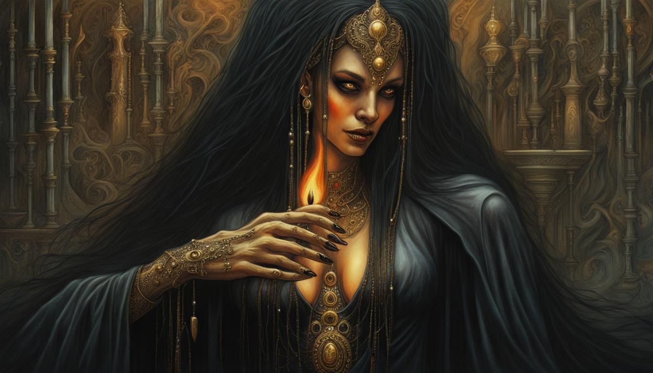 Black Magic Woman Preparing Potion in Dark Fantasy Style