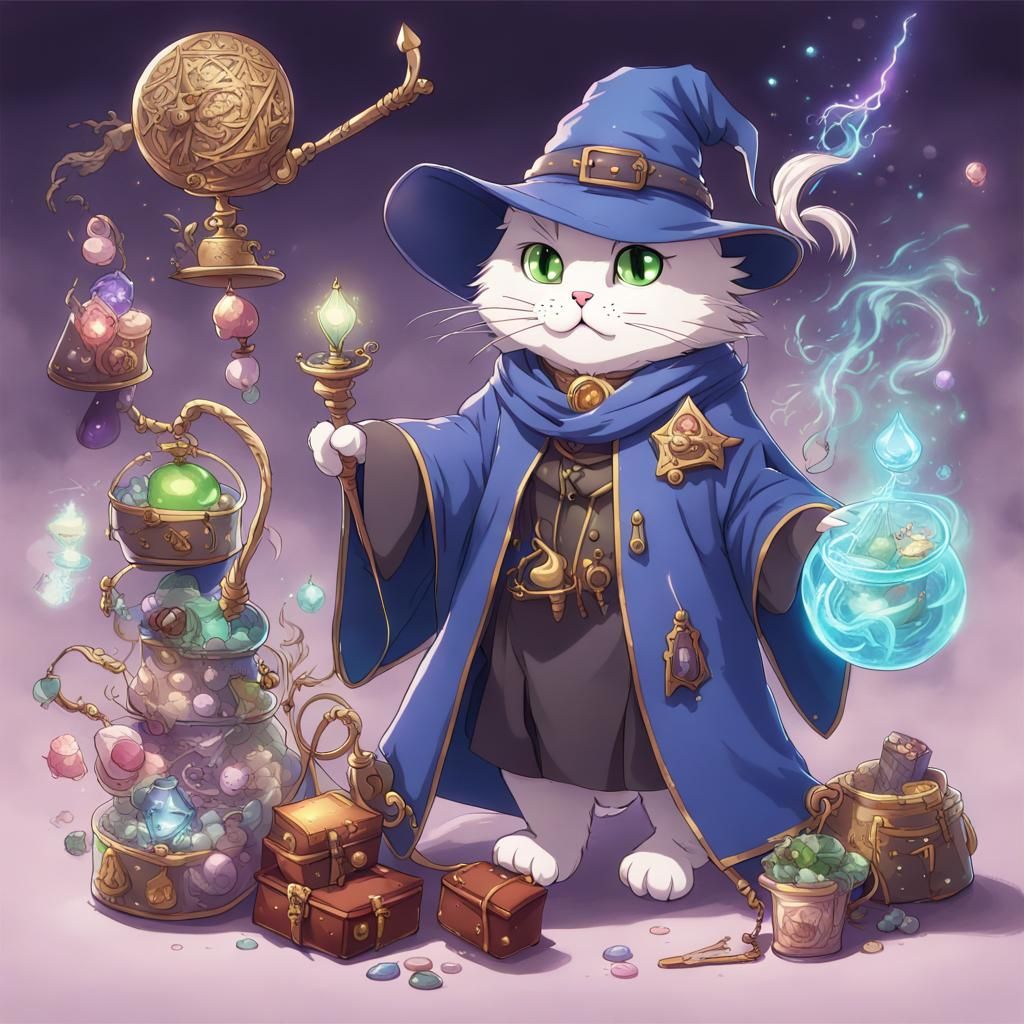 Anime Cat Wizard with Magical Items