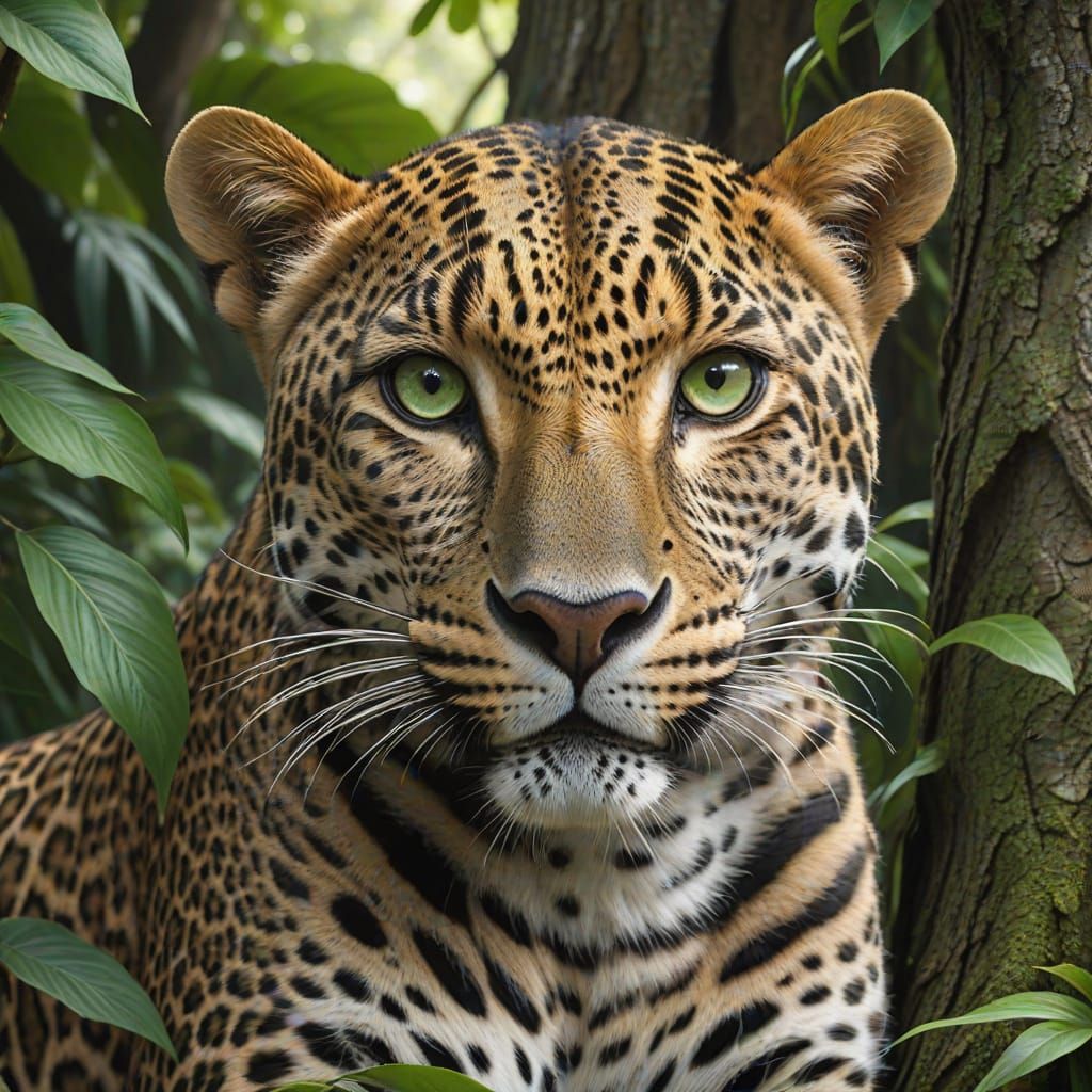 Leopard in Jungle Landscape with Vibrant Green Eyes