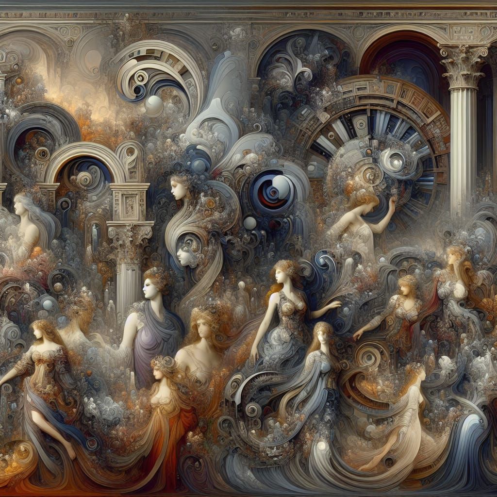 Epic Rococo and Bauhaus Women: A Digital Painting