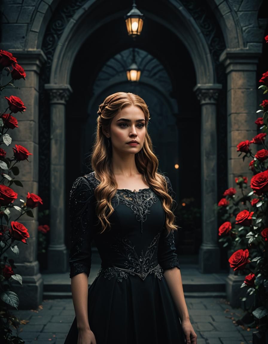 Feyre in Black Dress: Cinematic Film Still