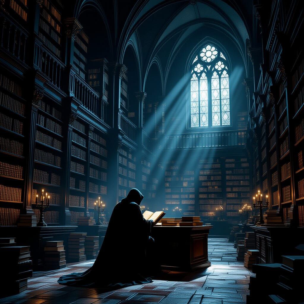 Scholar Studies Ancient Tomes in Infinite Library