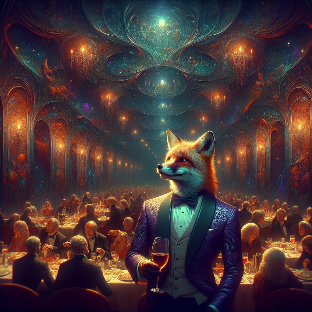 Elegant Fox in Tuxedo at Dinner Party: Fantasy Art