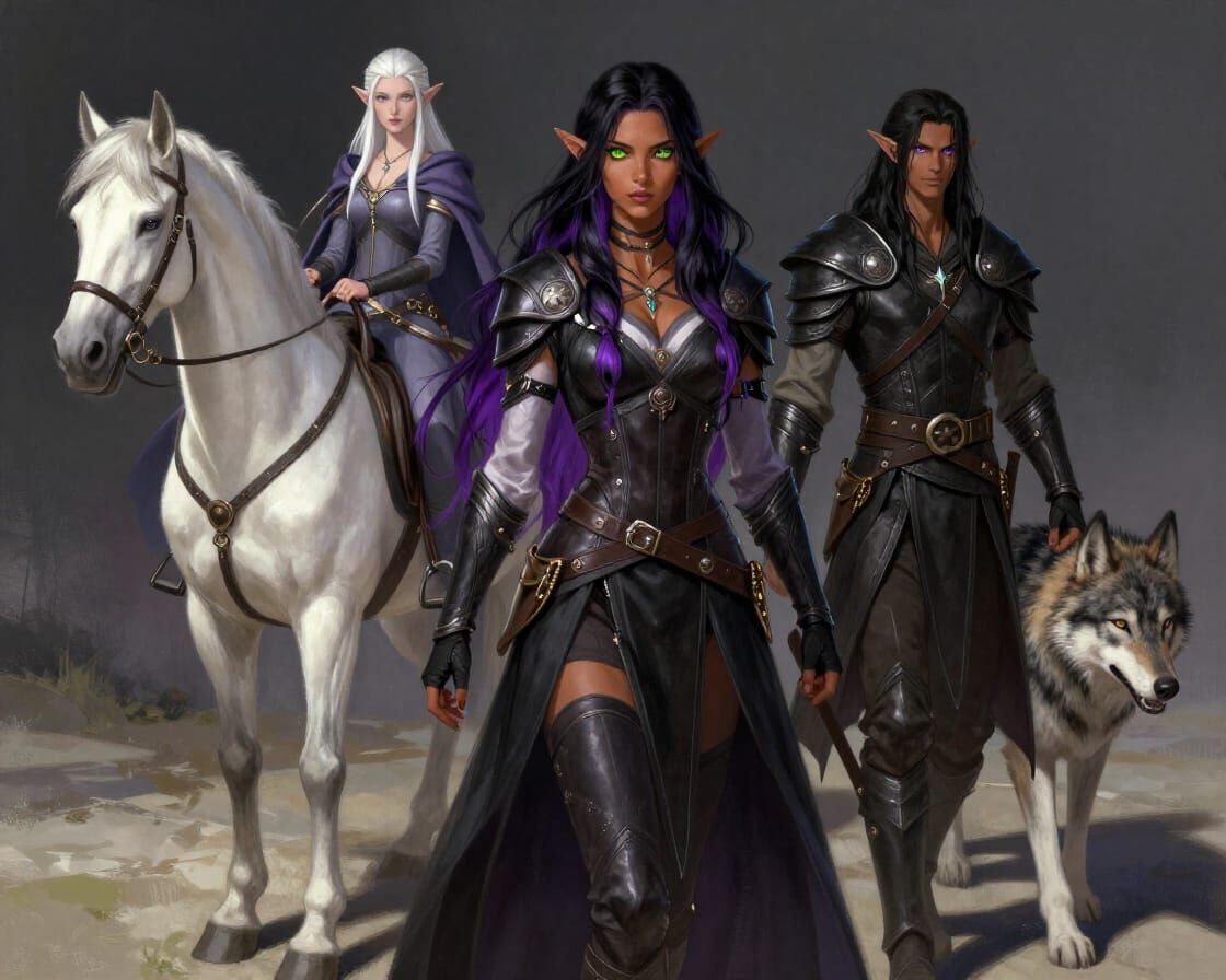 Elf Warrior Guards Princess and Companion in Fantasy Art Sty...