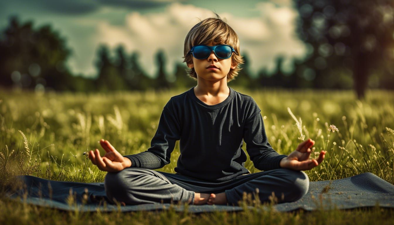 Boy wearing dark glasses doing yoga meditation on a meadow.