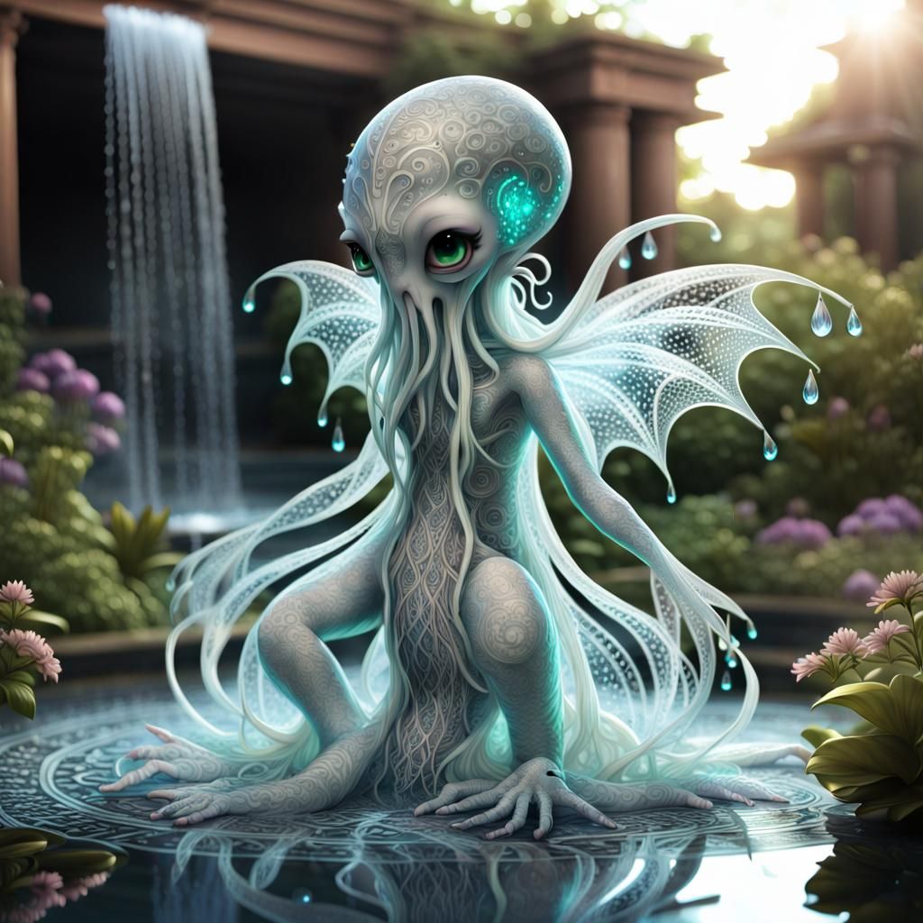 Opalescent Winged Cthulhu Baby in Garden