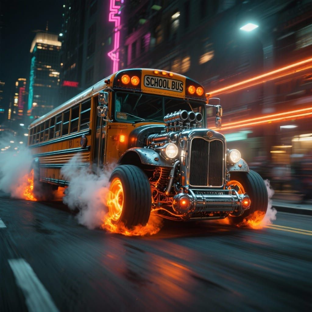 Hotrod School Bus Drag Races Down Neon City Street