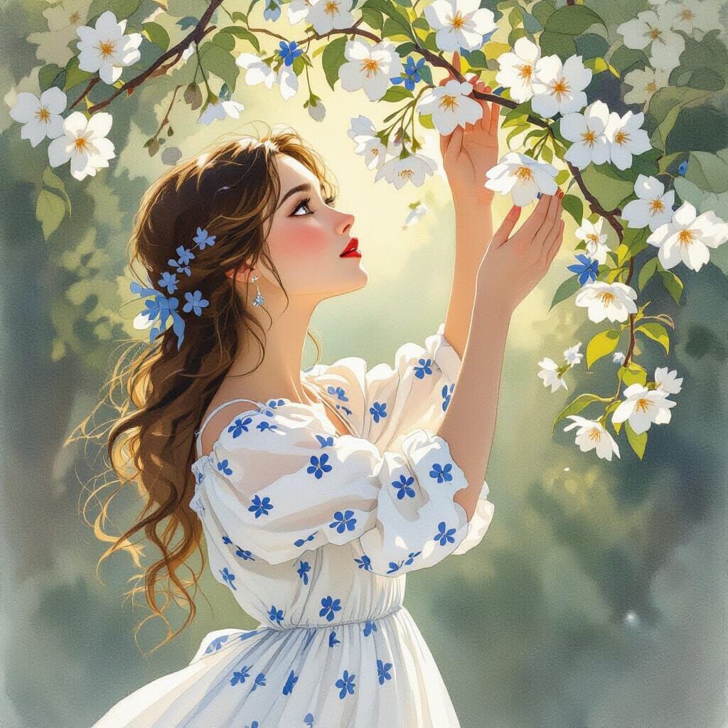 Woman Reaching for Blossoms in Watercolor Style