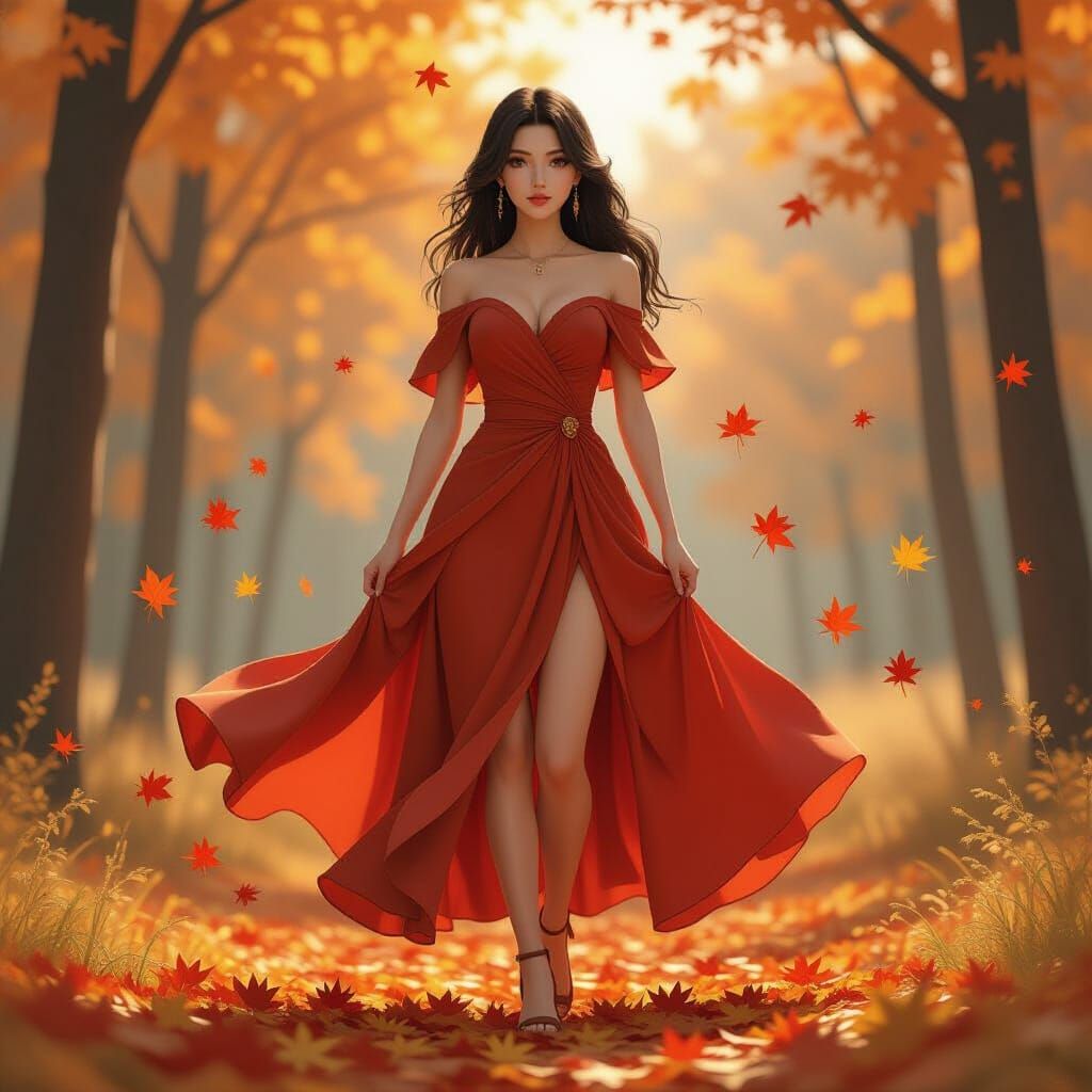 Woman in Autumn Dress in Serene Forest Clearing