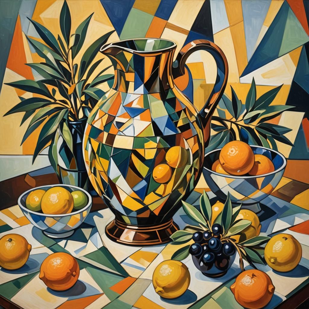 Neo-Cubist Still Life with Oil and Fruit