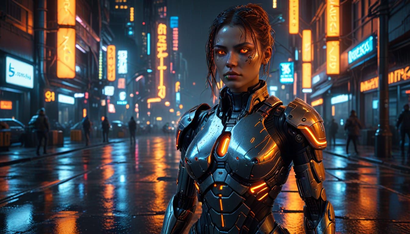 Cyberpunk Cyborg Portrait in Neon Cityscape