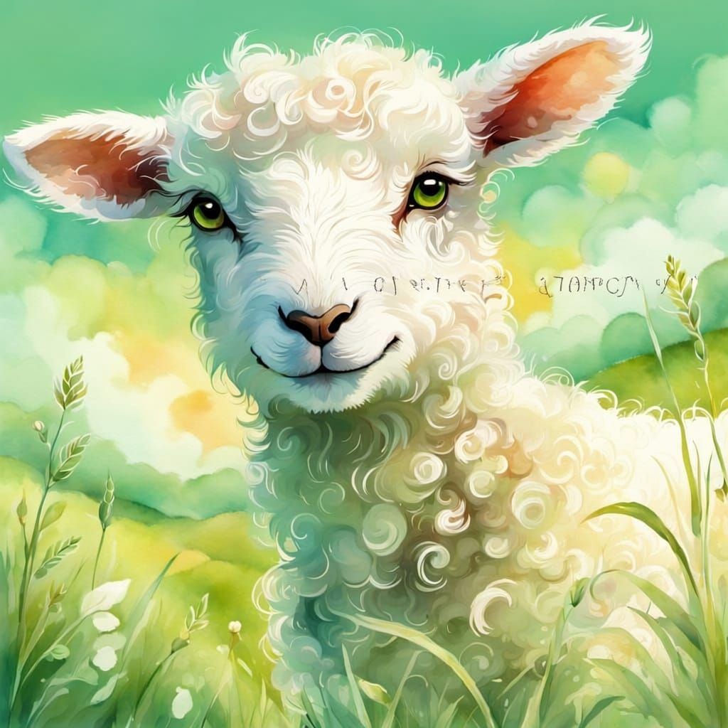 Dreamy Lamb in Meadow, Watercolor Style