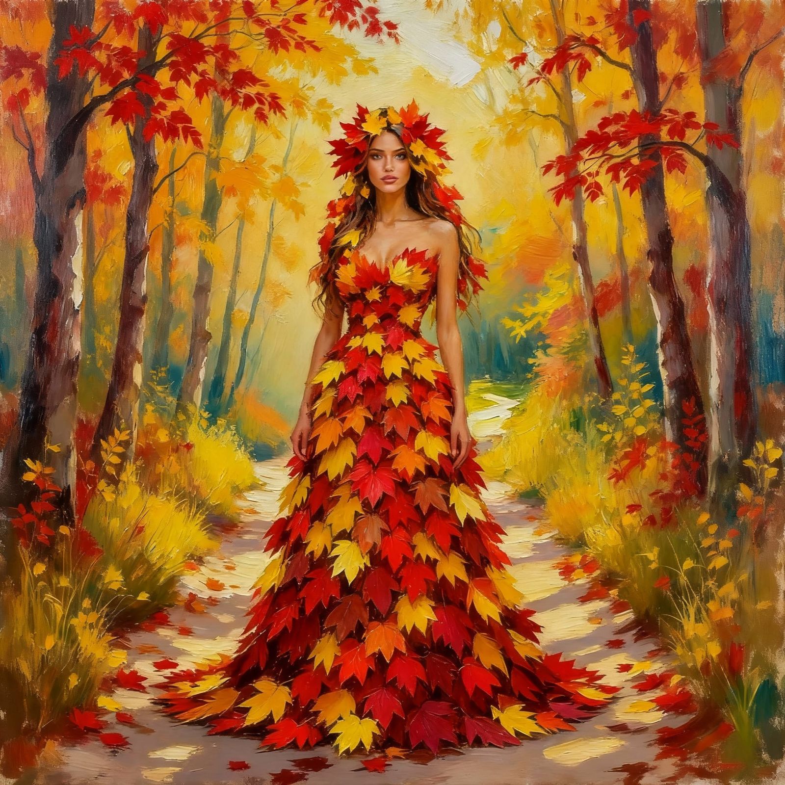 Woman in Autumn Leaf Dress on Forest Path