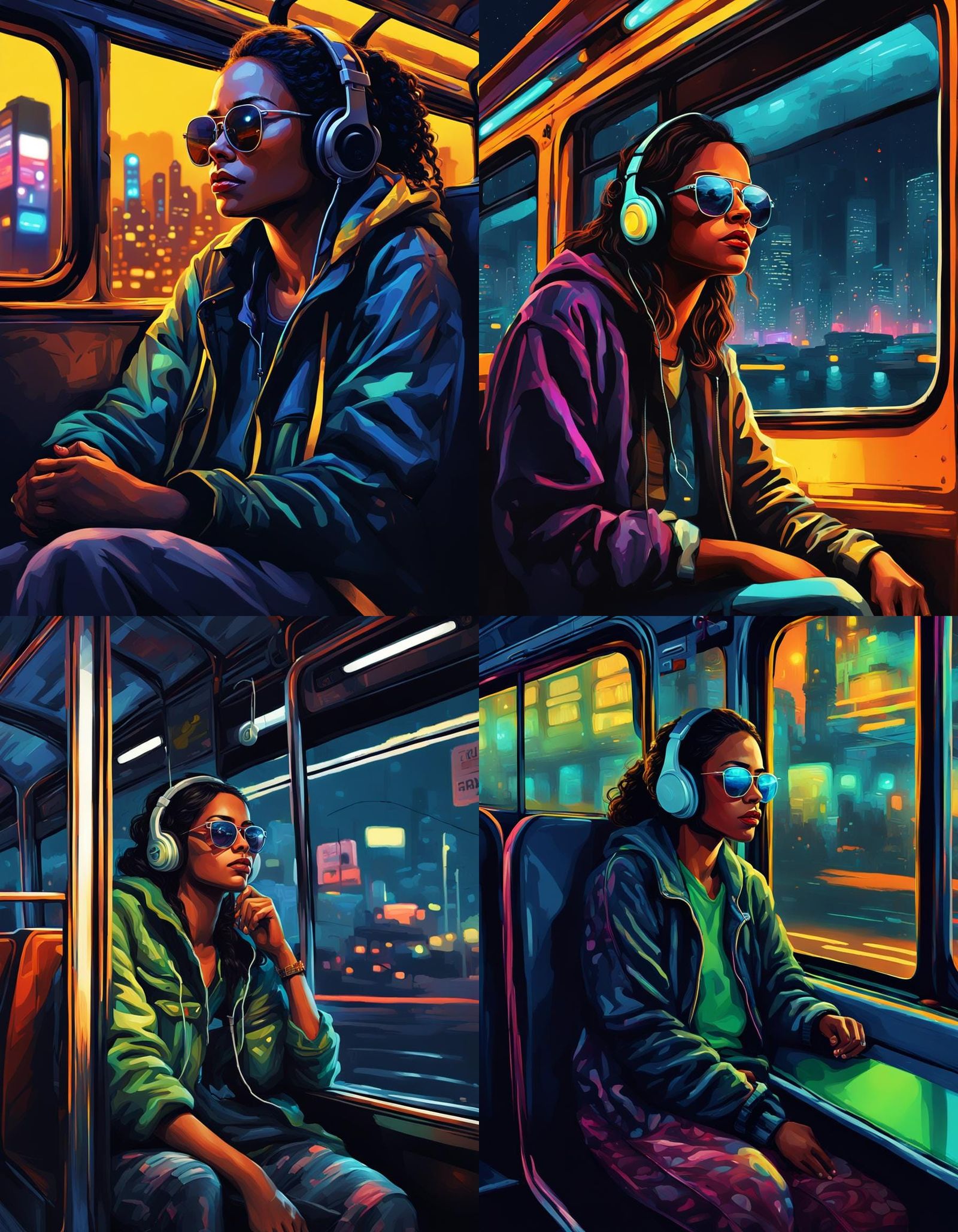 Night Bus Ride: Woman in Cyberpunk Cityscape