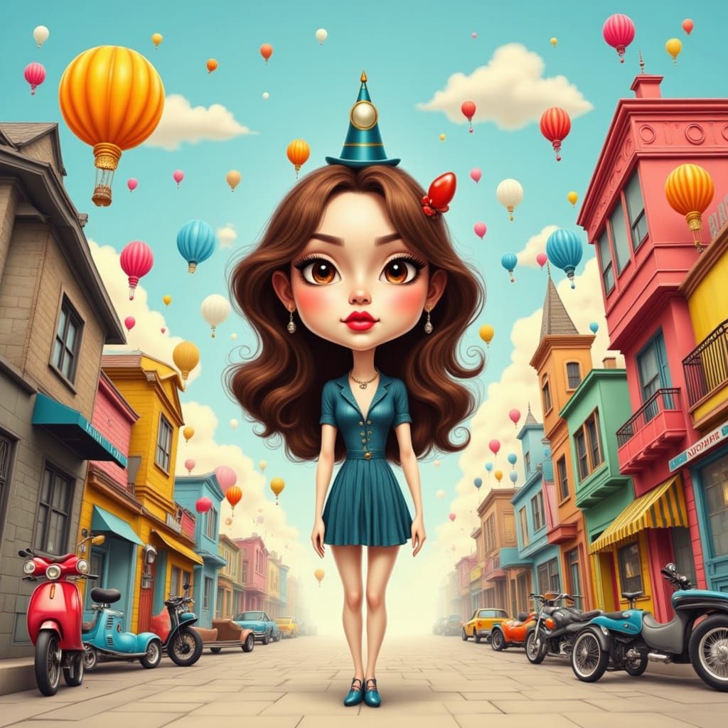 Cute Woman Caricature in Whimsical City