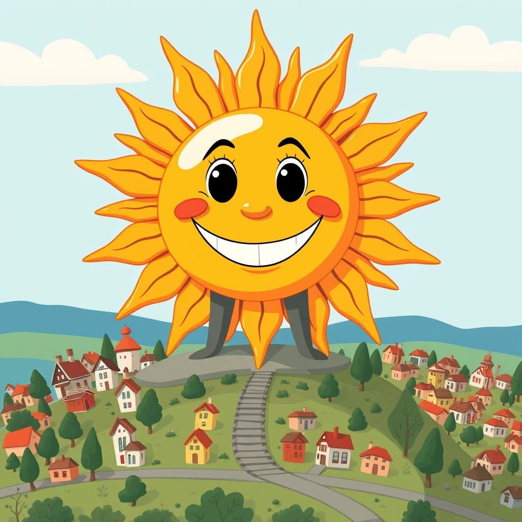 Cartoon Sun Monument Overlooking Cheerful Town