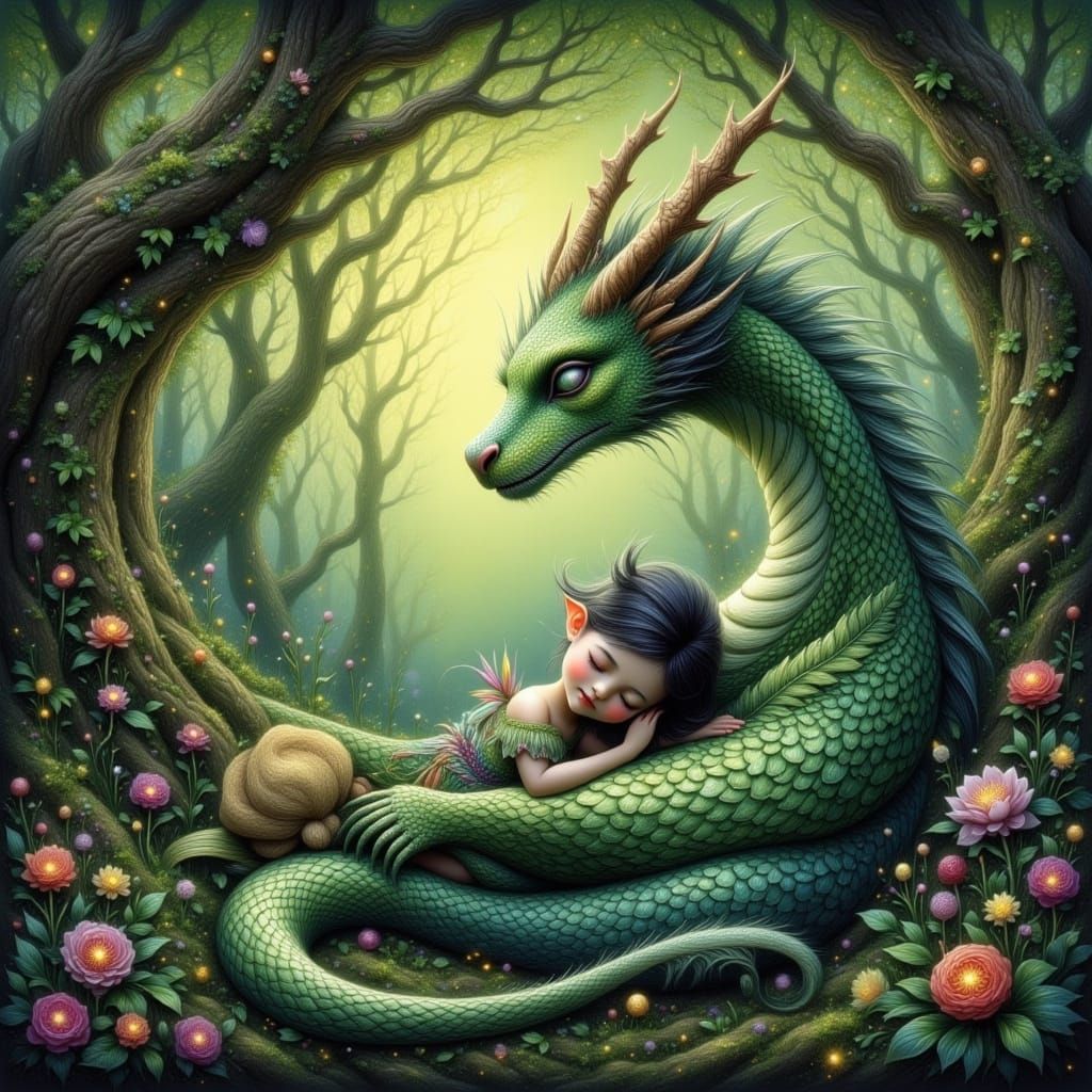 Dragon Protecting Fairy in Ethereal Grove
