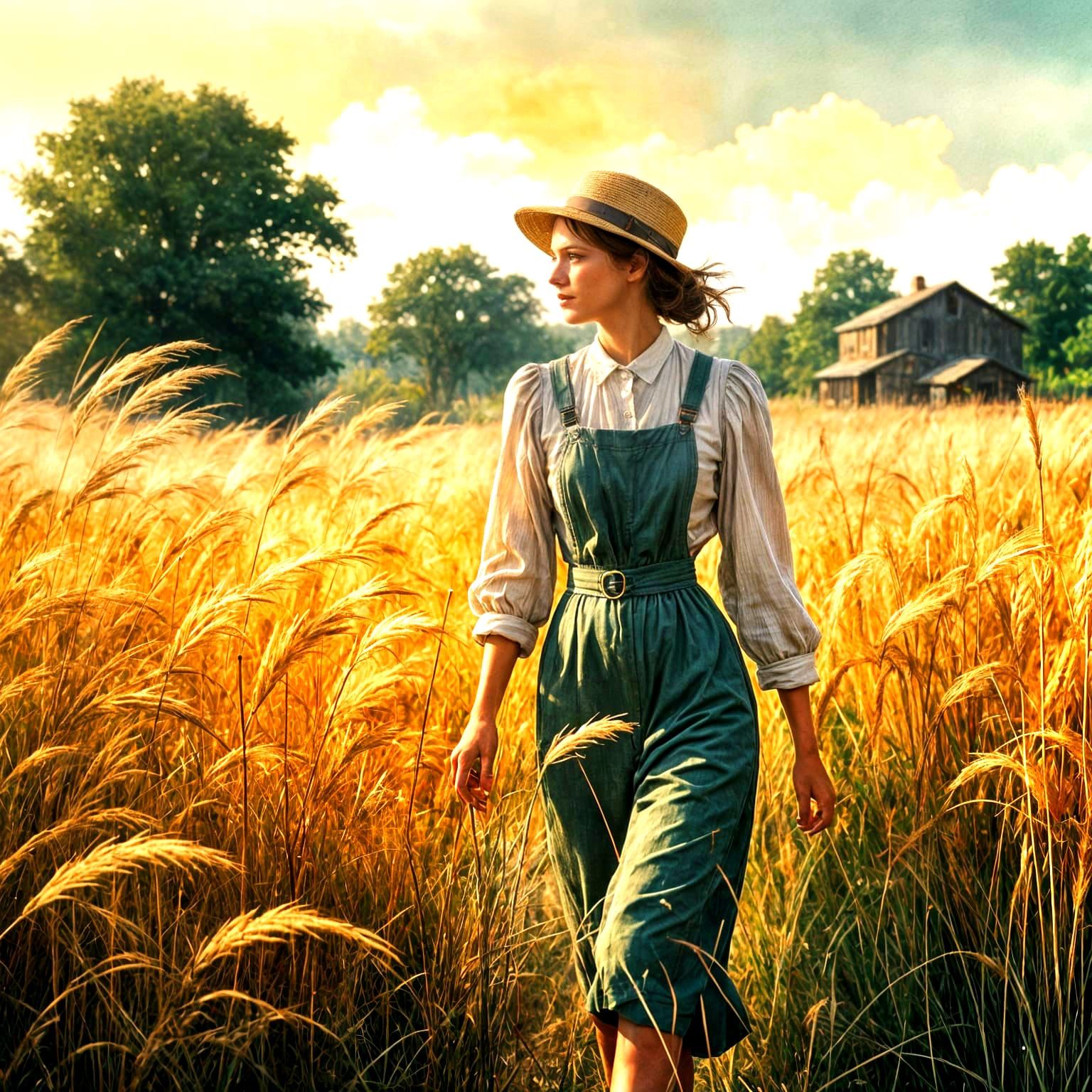 Farm Woman at Sunset in Retro Watercolor Style