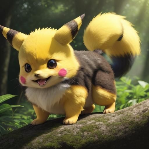 Realistic Pikachu in Sunny Forest: Anime Style