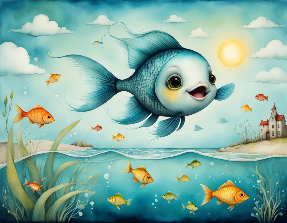 Cute Fish Leaping: Surreal Whimsical Illustration