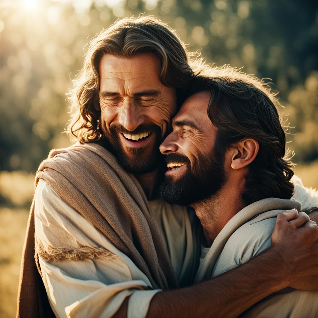 Jesus Hugs a Man in Heaven: Cinematic Film Still