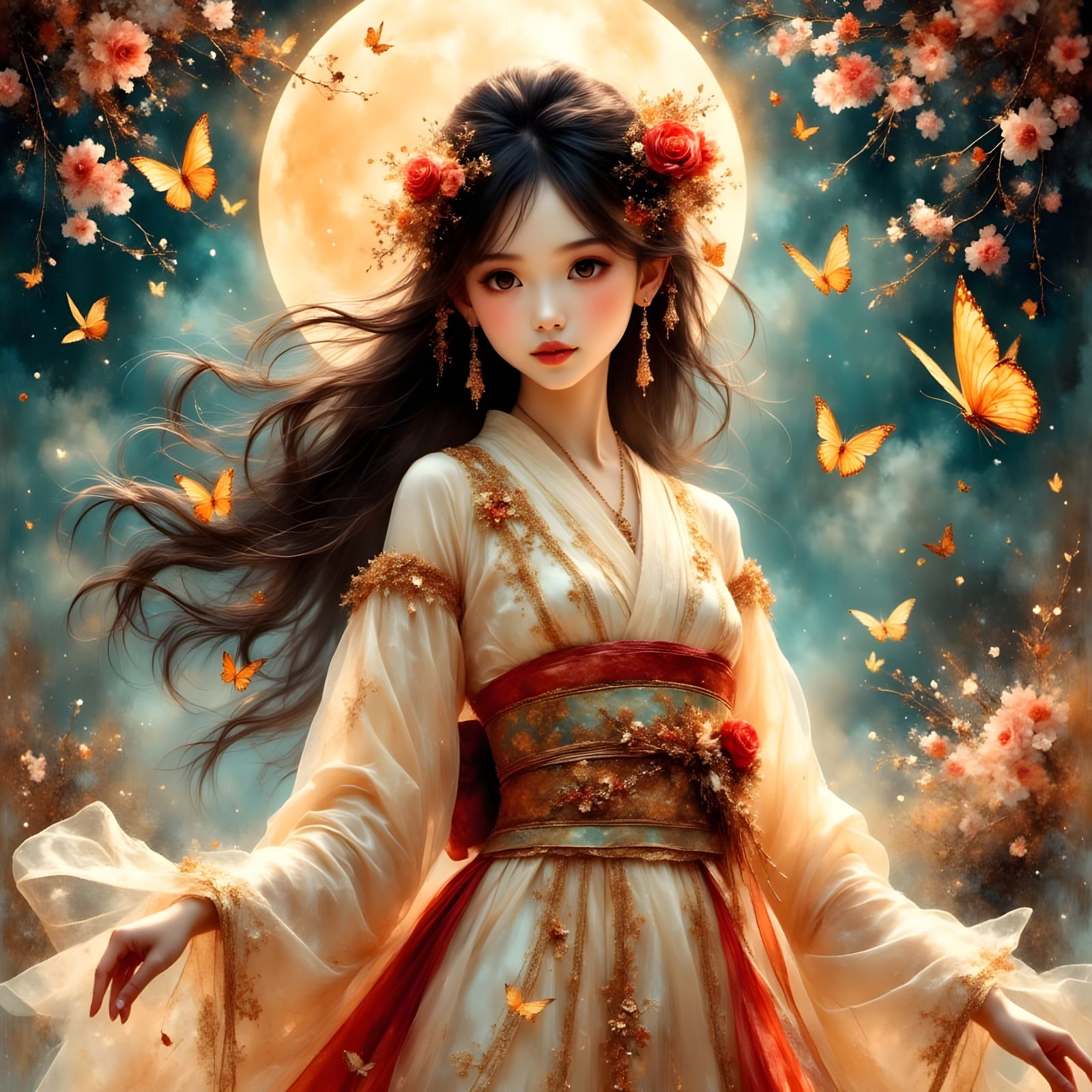 “A highly detailed anime-style illustration of a young woman with delicate facial features, large expressive eyes, and d...