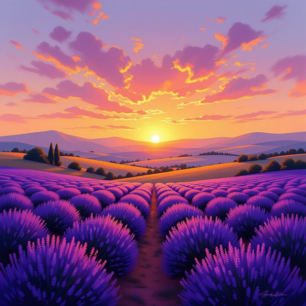 Lavender Field at Sunrise: Ethereal Oil Painting