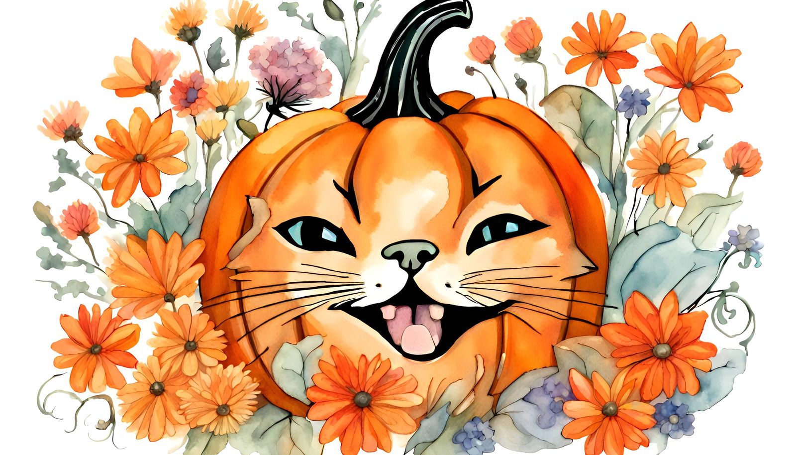 Festive Watercolor Pumpkin and Kitten Fantasy
