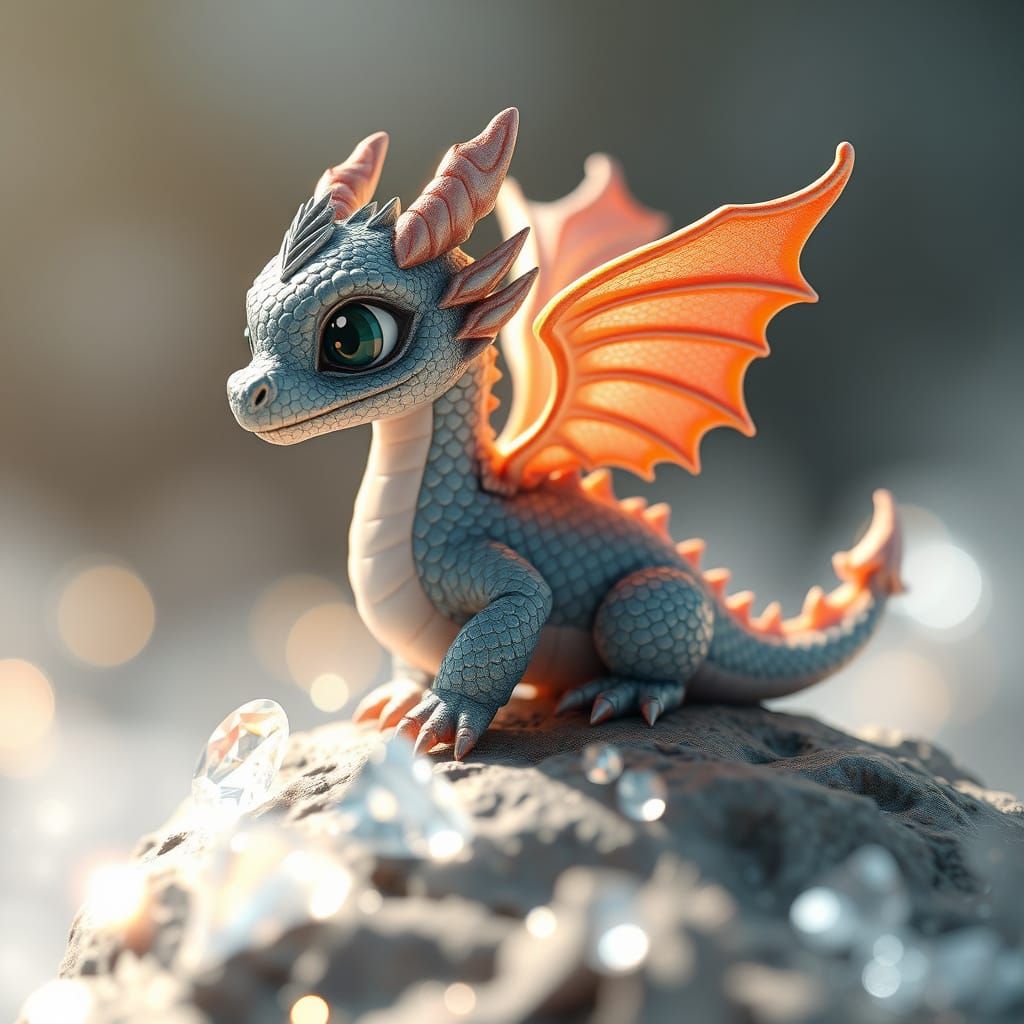 Miniature Dragon on Diamonds in 3D Anime Style