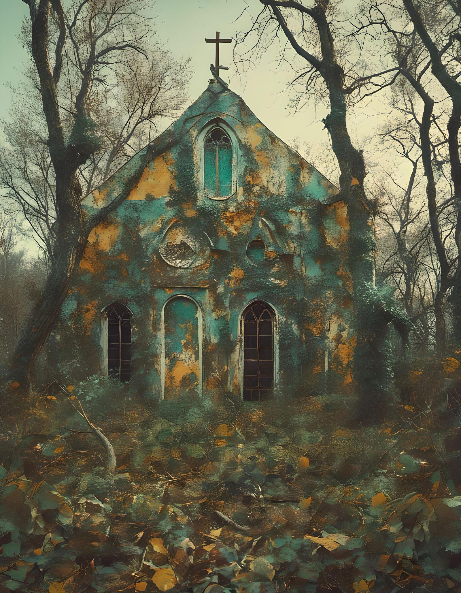 Abandoned Church Overgrown, Abstract Pop Art Style