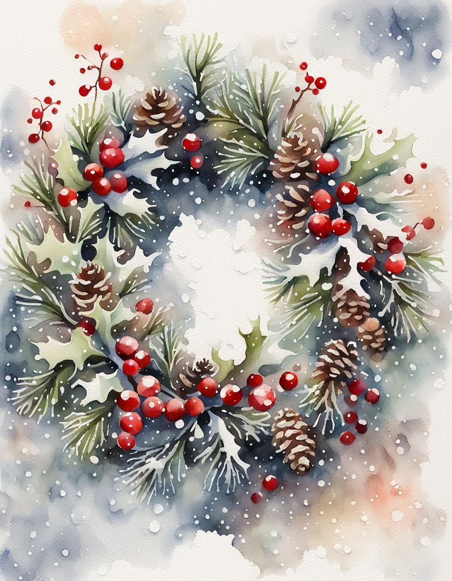 Watercolor Christmas Wreath with Snow