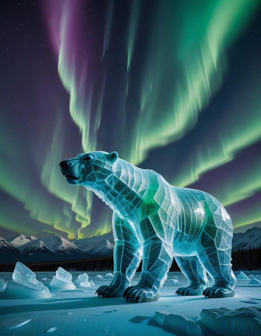Surrealist Dreamscape with Icy Polar Bear and Aurora-Filled ...