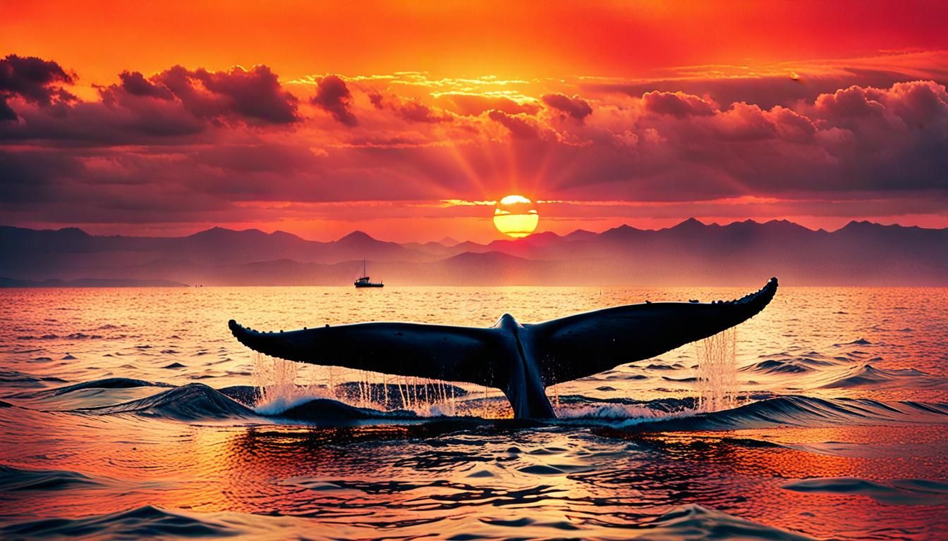 Golden Hour Whale Tail Seascape: Cinematic Film Still