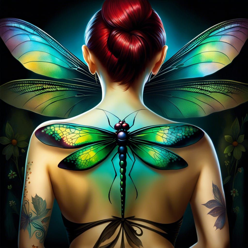 Woman with Dragonfly Tattoo in Silhouette Animation Style
