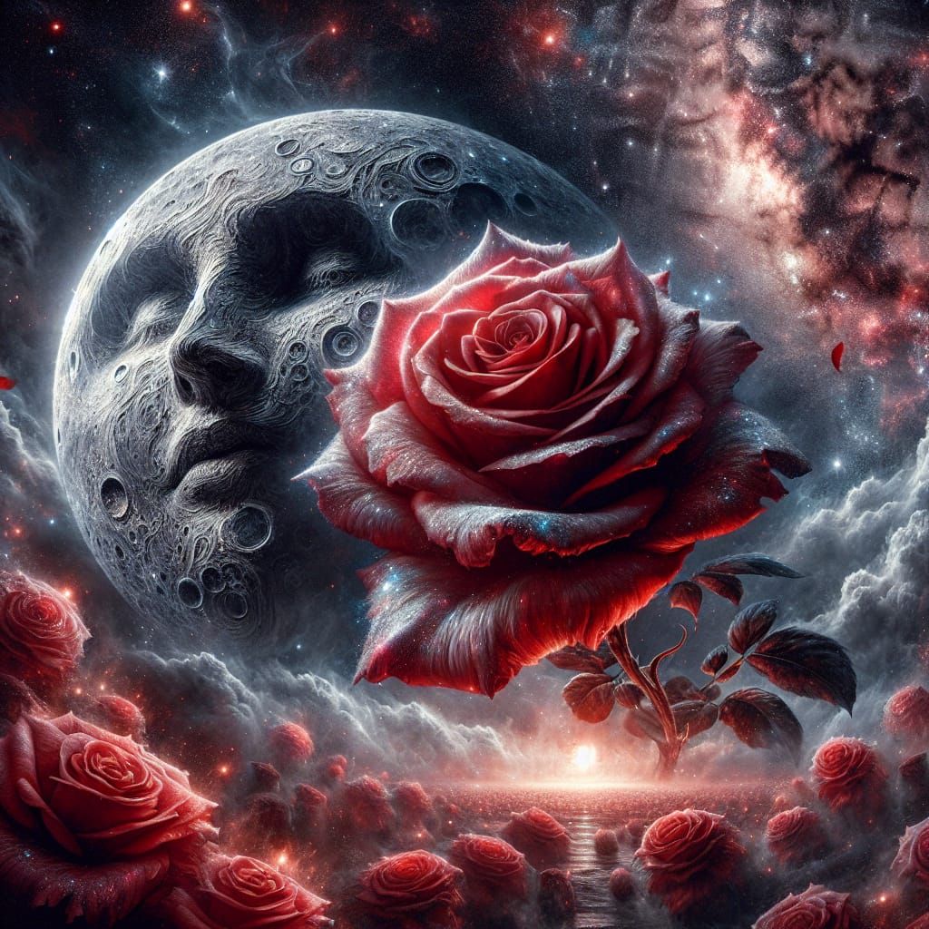 Celestial Moon Marries a Colossal Rose in Digital Painting
