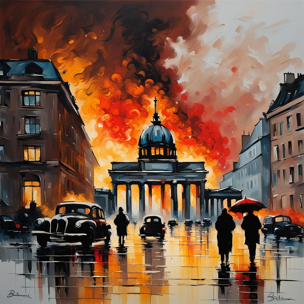 Berlin Silhouette with Burning House as Blanchard Painting