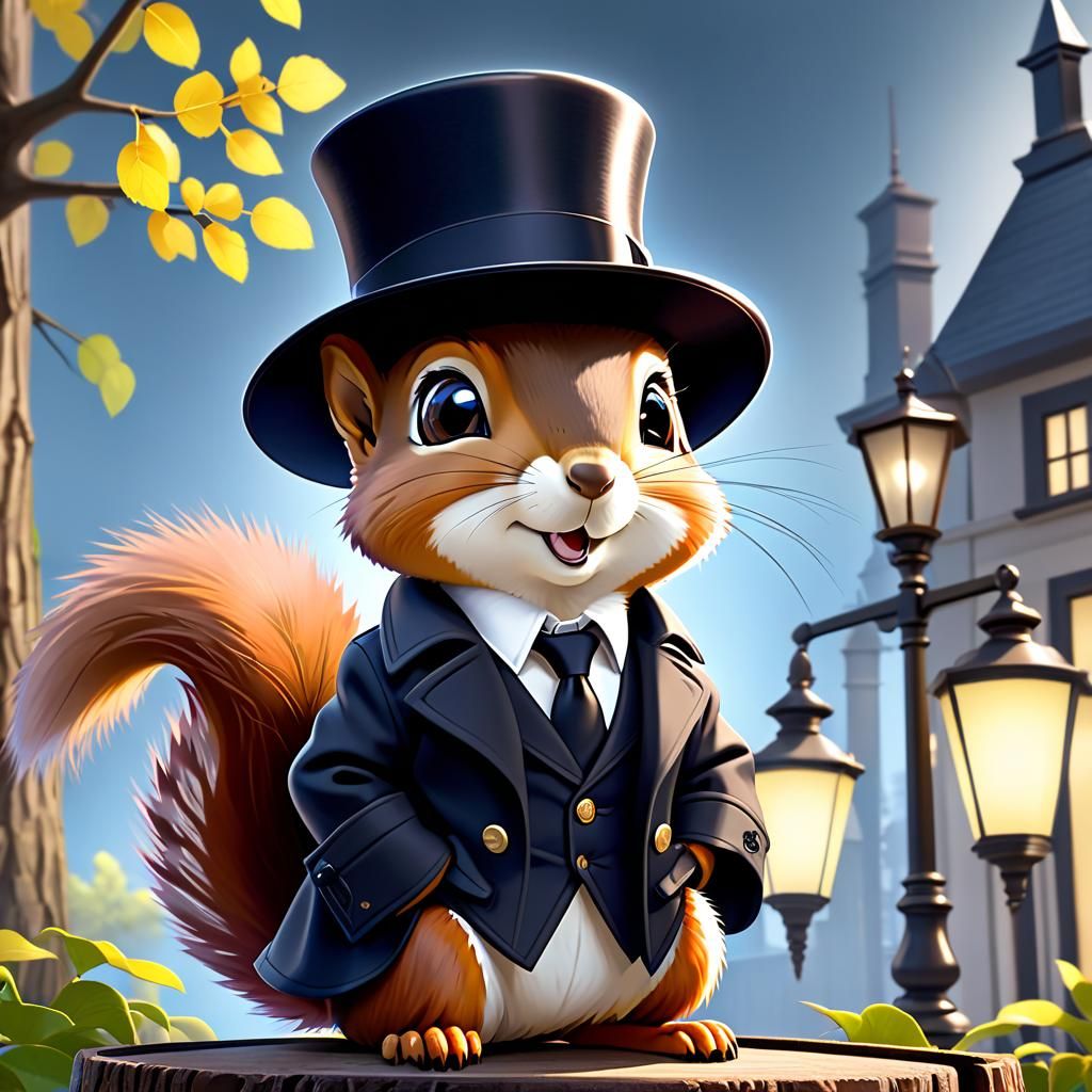 Chibi Squirrel Detective in Foggy Orchard